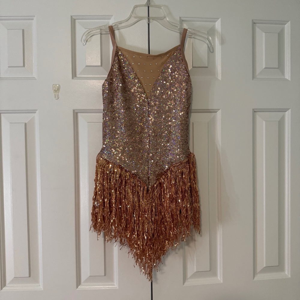 Rose Gold Sequin & Fringe Dance Costume – V-Neck Mesh Panel